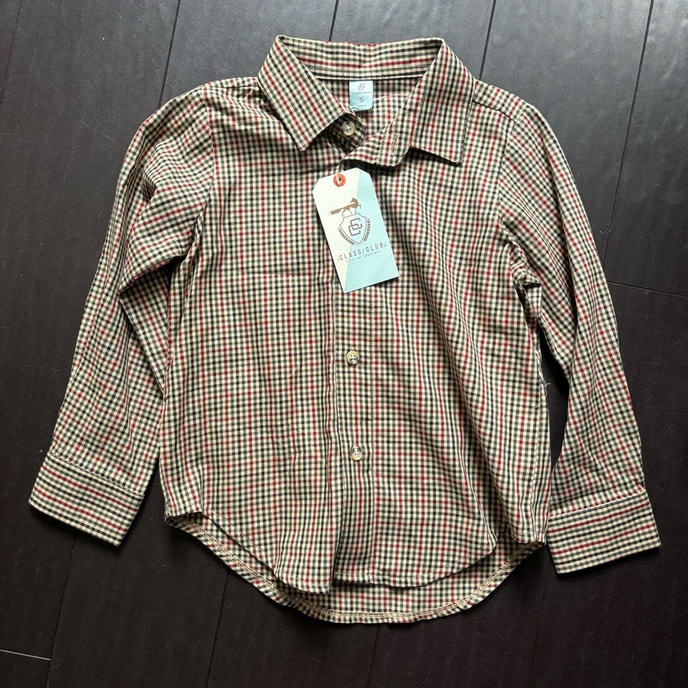 NWT Class Club boy's button down tan and red preppy shirt size 5